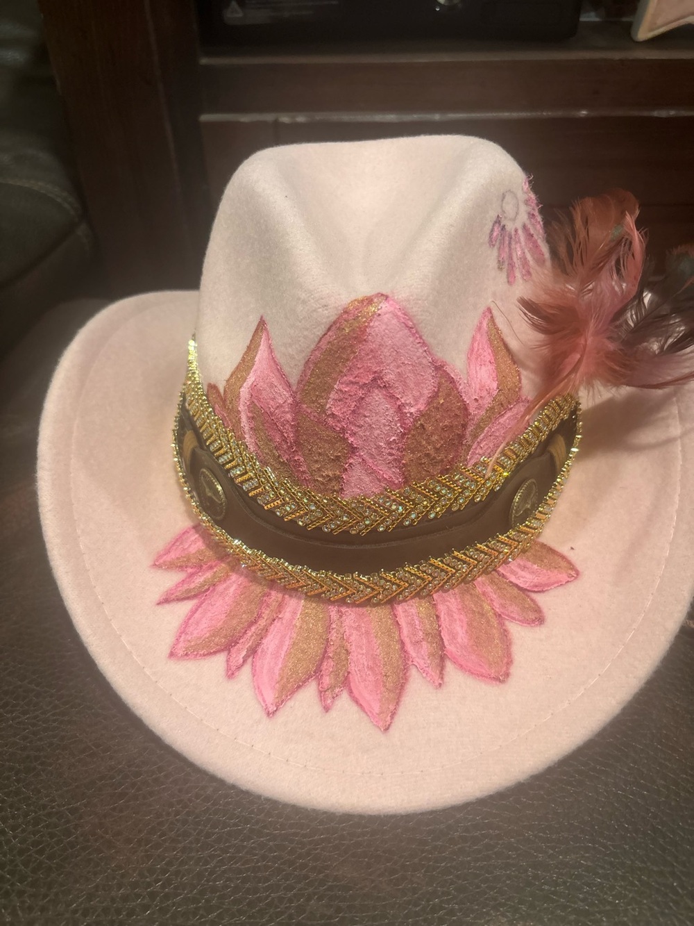 Women's Pink Embroidered Felt Fedora Hat with Feather Accent